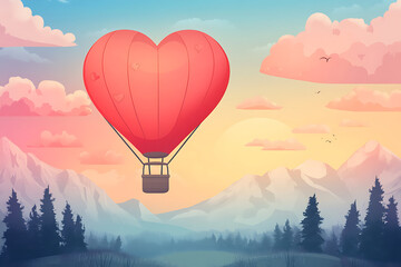 Colorful heart-shaped hot air balloon soaring over serene mountains at sunset with pine trees