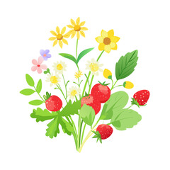 Vibrant strawberry and wildflower bouquet illustration on white background