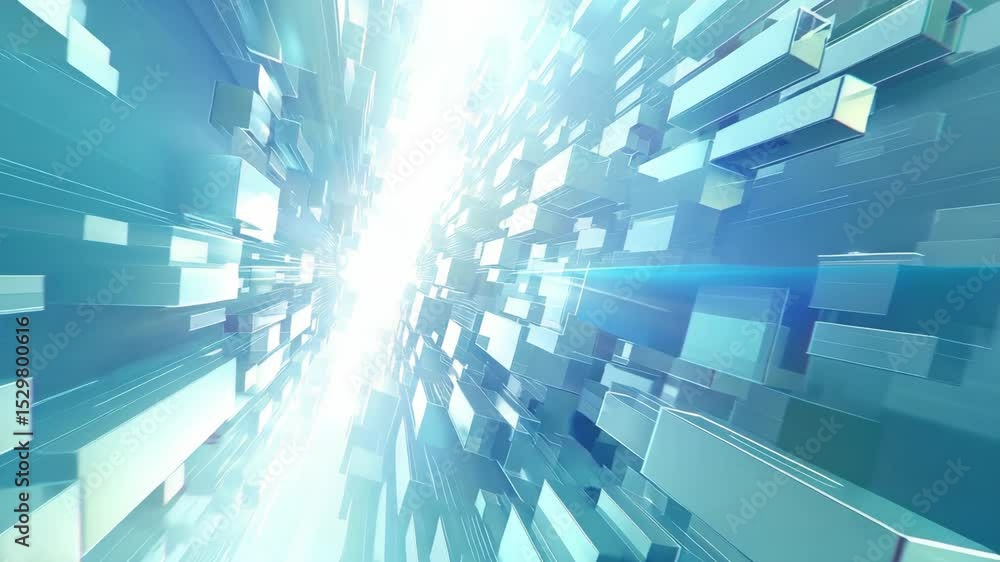 Poster discover a stunning digital realm where glowing cubes and light beams create an endless, mesmerizing