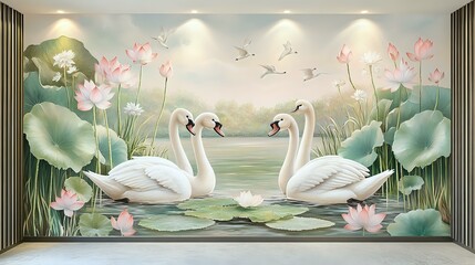 Swans and lotus pond scene mural on spacious indoor wall, pastel background with high-detail lighting
