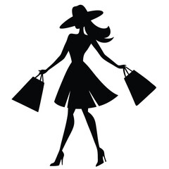 Elegant silhouette of a woman shopping fashionable and stylish with shopping bags