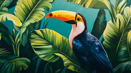Toucan and banana leaf mural on tropical-themed wall, bright colors and sharp edges under clear light