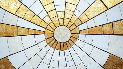 Sunburst-themed mosaic with radial tile pattern in gold and white on outdoor wall, high-detail with natural light