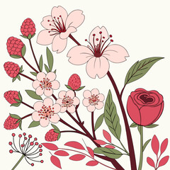 Delicate pink blossom and raspberry branch floral design
