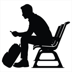 a man sitting on a modern airport bench or seat on white background