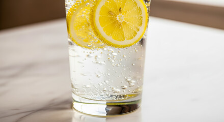 Refreshing Sparkling Water with Lemon Slices in Glass