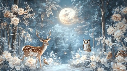 Wall mural of deer and owl in moonlit floral forest scene, soft painted tones with ambient light