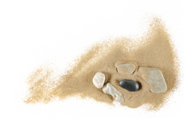 pile sand scattered with stones, isolated on white background, top view	