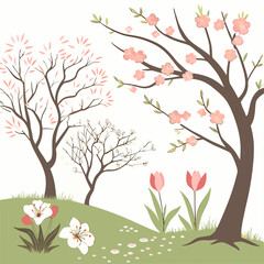 Spring blossoms trees flowers isolated on white background