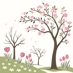 Spring blossoms trees tulips flowers isolated on white background