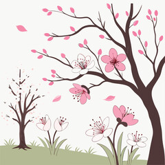 Elegant pink blossom trees isolated on white background, spring floral design elements