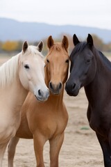 Fototapeta premium Three Sumatran Wild Horses Standing Close Together in a Field