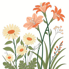 Elegant floral arrangement daisies lilies botanical illustration