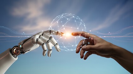 A robot hand and a human hand reaching out to touch with a digital network sphere between them