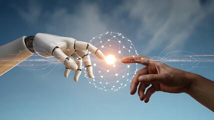 A robot hand and human hand touching a glowing sphere against a blue sky with light trails behind