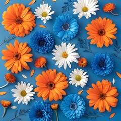 Vibrant orange and blue flowers on blue background