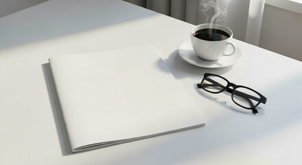 White Magazine Mockup with Coffee and Eyeglasses on White Table