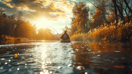 A solitary fisherman paddles through a golden autumn river, surrounded by vibrant foliage and sparkling water under the warm glow of the sun, capturing a moment of peace and contemplation.