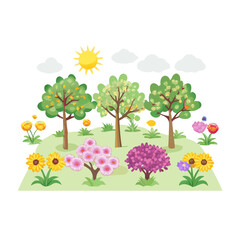 Spring garden scene with trees flowers sun clouds isolated on white