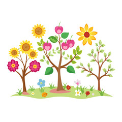 Fototapeta premium Colorful garden illustration with sunflowers, fruit trees, and flowers on white background