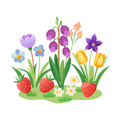 Spring flowers strawberries garden illustration transparent background