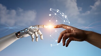 A robot hand and a human hand touching with a glowing light and a network in front of a blue sky