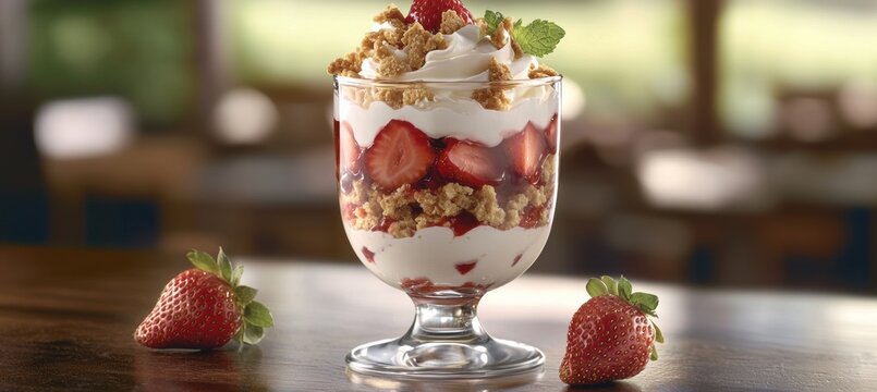 Strawberry parfait layered in a clear glass with creamy white and red hues