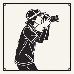 Woman photographer cap camera black white illustration