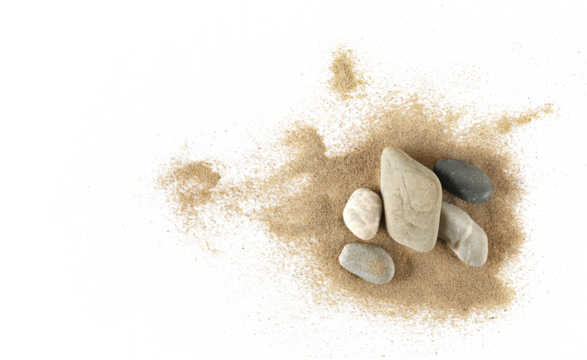 pile sand scattered with stones, isolated on white background, top view	