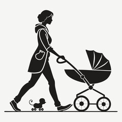 Mother walking with baby stroller and pet on wheels
