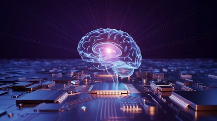 Glowing brain hologram above a computer chip with purple and blue lighting in a dark environment