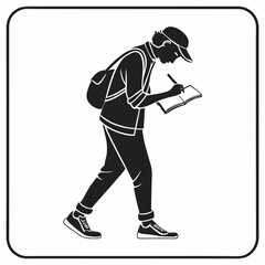 Walking person writing in notebook backpack silhouette