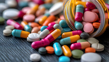 A vintage toned image displaying a close up view of a medical capsule pill or drug placed on a wooden background