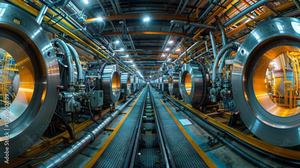 Aufkleber an intricate industrial setting featuring large metallic structures and glowing lights, highlighting