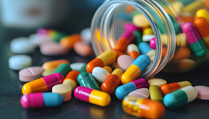 A vintage toned image displaying a close up view of a medical capsule pill or drug placed on a wooden background