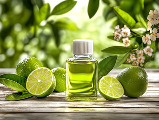 Fresh lime extract bottle on wooden table with vibrant green limes