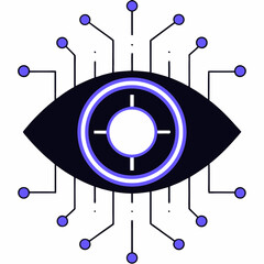 Stylized eye surrounded by connected nodes and circuits