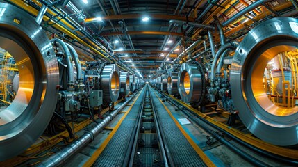 Fototapeta premium An intricate industrial setting featuring large metallic structures and glowing lights, highlighting the fusion of technology and engineering in a modern environment.