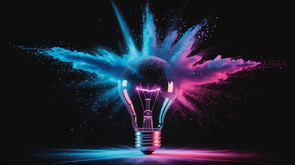 Illuminated lightbulb with vibrant color explosion against a dark background creating a dynamic scene