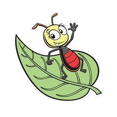 Cheerful cartoon ant riding a green leaf on water, in a playful and adventurous pose. Vector illustration on white background—perfect for comics, t-shirt prints, kids’ designs, and POD products.