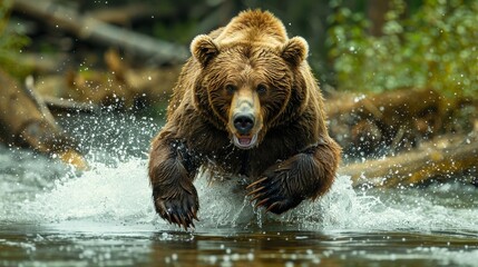Obraz premium A powerful image capturing a grizzly bear sprinting through a river, showcasing its raw strength and agility as it makes a splash while hunting.