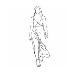Elegant line art illustration of a woman in a flowing dress walking forward confidently