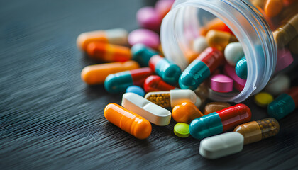 A vintage toned image displaying a close up view of a medical capsule pill or drug placed on a wooden background