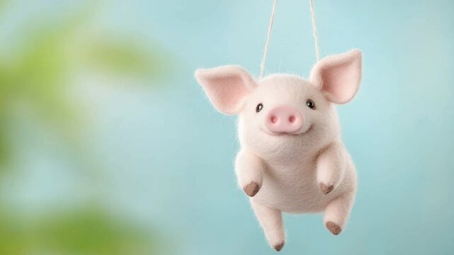 Hanging happiness: A smiling piglet doll dances in the air, suspended by a string, symbolizing innocence and joy.