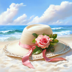 Romantic Straw Beach Hat with Pink Rose and Ribbon – Elegant Summer Sun Hat for Women, Perfect for Seaside Vacations, Coastal Walks, and Ocean-Inspired Fashion Photography

