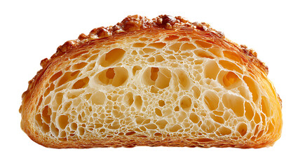 Macro shot of a freshly baked croissant cut displaying intricate internal texture