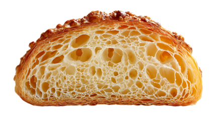 Macro shot of a freshly baked croissant cut displaying intricate internal texture
