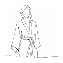 Elegant minimalist line drawing depicting a woman wearing a kimono robe in black and white