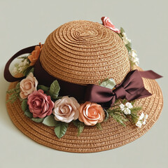 Elegant Floral Straw Hat for Women with Brown Ribbon and Assorted Roses – Vintage-Inspired Garden Sun Hat, Ideal for Weddings, Tea Parties, Spring Picnics & Summer Outdoor Events

