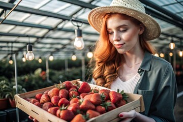 Agricultural industry. A stylish gardener in a hat is harvesting a rich strawberry crop in a greenhouse. A wooden box with strawberries in the hands of a farmer girl.